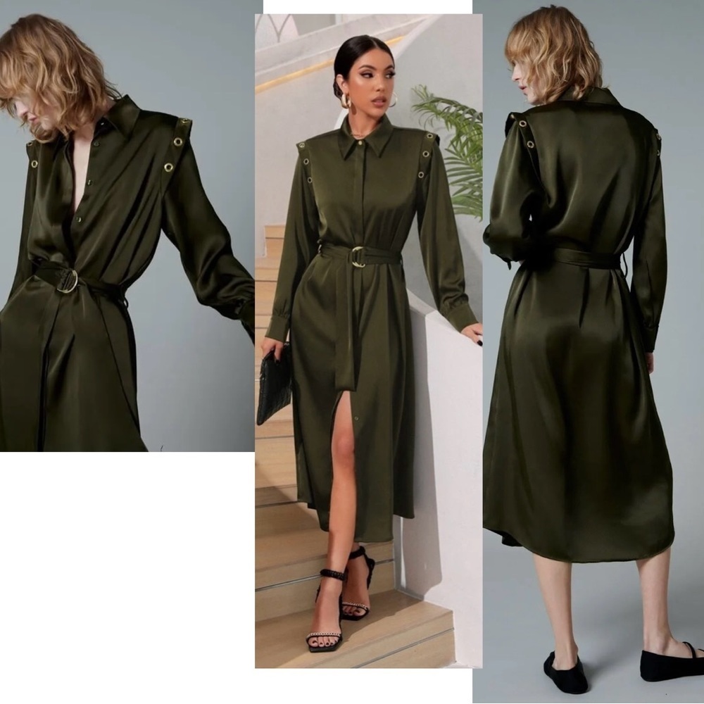 Zara Army green satin effect Grommet Eyelet Split Hem Belted Shirt Dress M NWT - Picture 2 of 14